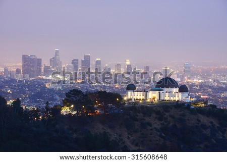 griffith observatory with Los angeles downtown at dusk
