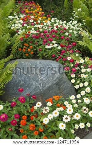 Beautiful summer flowers in a flower-bed near the stone