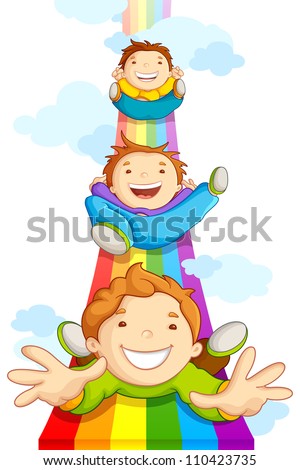 vector illustration of kids sliding on rainbow in sky vector illustration of kids sliding on rainbow in sky