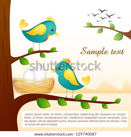 vector illustration of birds with nest sitting on tree branch