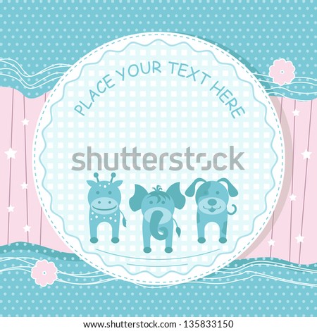 vector illustration of animals in baby card with pattern background