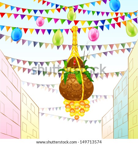 vector illustration of Happy Janmashtami background with hanging dahi handi vector illustration of Happy Janmashtami background with hanging dahi handi