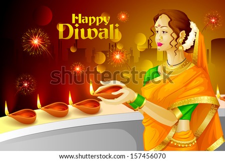 vector illustration of Indian lady with Diwali diya vector illustration of Indian lady with Diwali diya