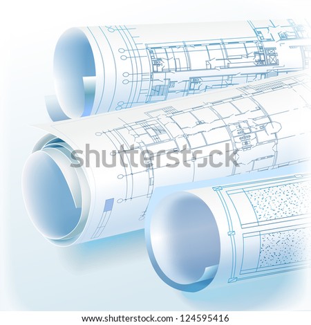 Architectural background with rolls of technical drawings - Raster version