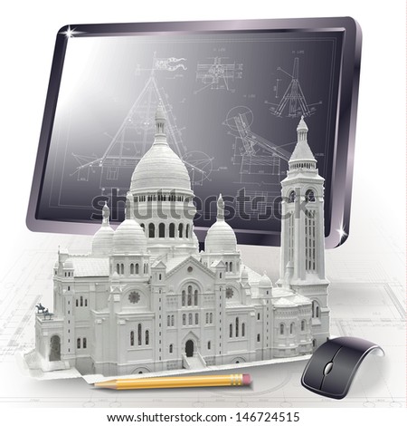 Architectural background with a 3D model of Basilica of the Sacred Heart of Paris and a monitor Architectural background with a 3D model of Basilica of the Sacred Heart of Paris and a monitor