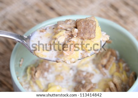 Crunchy breakfast cereals  in a blue bowl with a spoon .