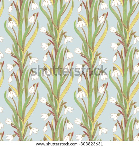 snowdrop flowers pattern, drawing by hand gouache