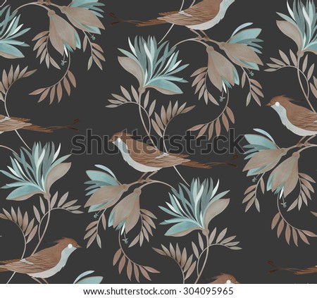 seamless night birds pattern, painted by gouache