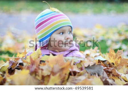 Baby in autumn leaves