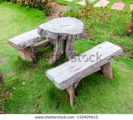 The empty wooden table and bench in garden or park