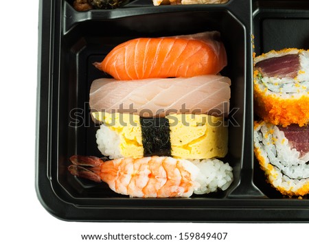 Closeup of sushi in a Japanese Lunch box (Bento) Sushi Bento