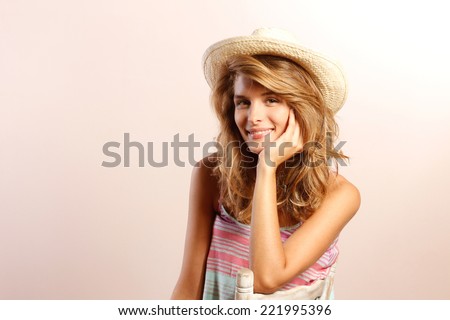 funny woman portrait on brown background. wow. surprised emotion