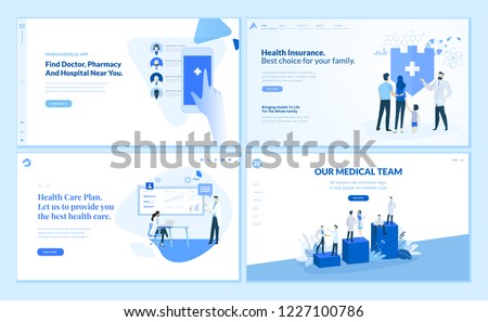 Web page templates collection of health insurance, health care plan, our medical team, app for finding the closest doctor, hospital, and pharmacy. Vector illustration concepts for web development.