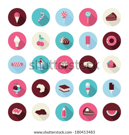 Set of flat design dessert icons. Icons of cakes, pastry, sweet bakery, cupcake, ice cream, fruits, candies, chocolate and lollipops for restaurants, cafes, cake manufacturer, online shop, events.