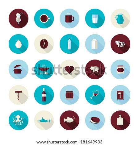 Set of modern flat design icons for food and drink. Icons for coffee, milk, meat, wine, seafood, for restaurant and food producer.