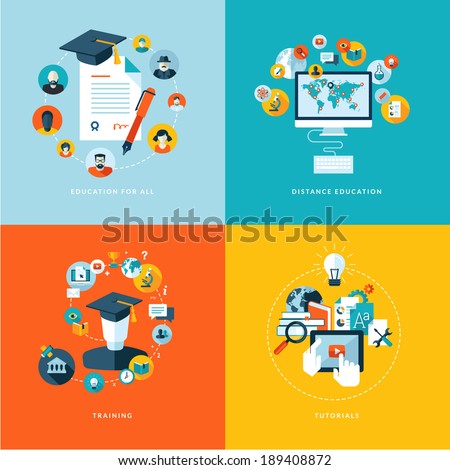 Set of flat design concept icons for education. Icons for education for all, distance education, training and tutorials