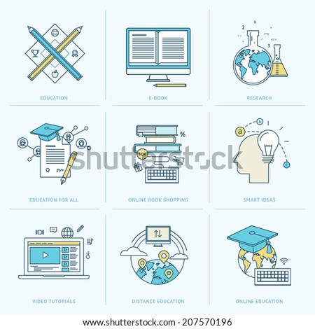 Set of flat line icons for online education. Icons for online learning, online book, video tutorial, online education, research, online book shopping, distance education, education for all.