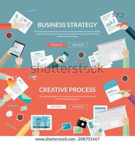 Set of flat design concepts for business strategy and creative process. Concepts for teamwork consulting on briefing, small business project presentation, planning, brainstorming and marketing ideas.