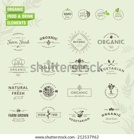 Set of badges and labels elements for organic food and drink