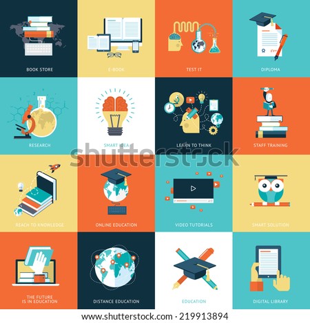 Set of flat design icons for education. Icons for online education, video tutorials, staff training, online book store, learning, research, knowledge, online book.