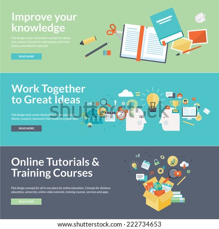 Flat design vector illustration concepts for education. Concepts for online tutorials, training courses, teamwork, research, university, distance education.