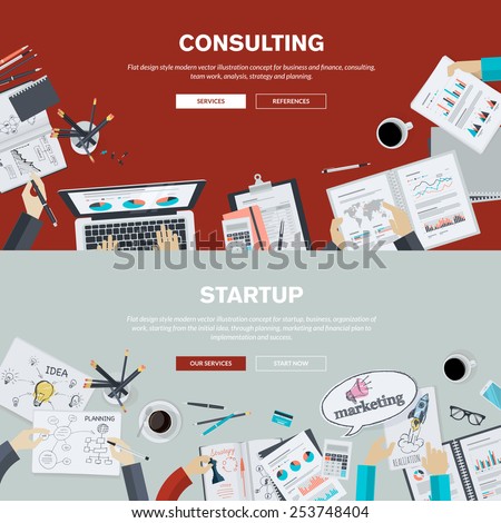 Set of flat design illustration concepts for business, finance, consulting, management, team work, analysis, strategy and planning, startup. Concepts for web banner and printed materials.