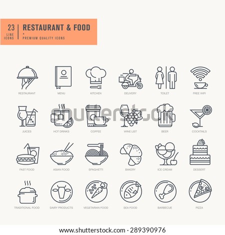 Thin line icons set. Icons for food and drink, restaurant, cafe and bar, food delivery.