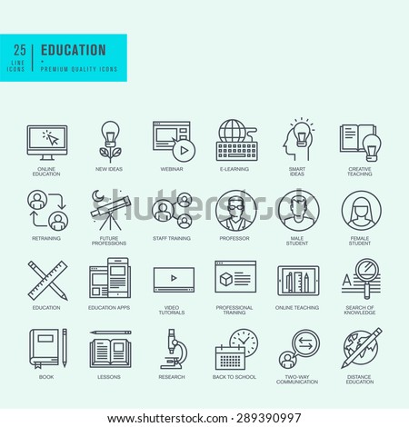 Thin line icons set. Icons for online education, video tutorials, training courses.