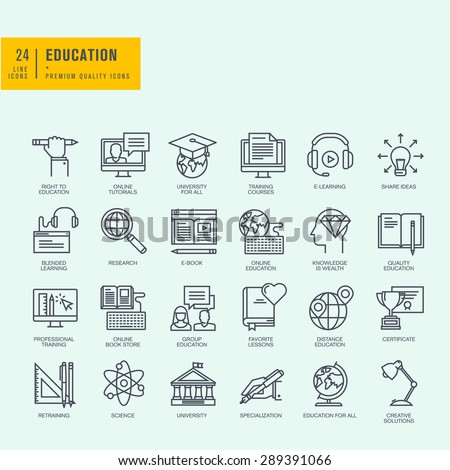 Thin line icons set. Icons for online education, online tutorials, training courses, online book store, university.
