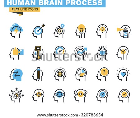 Flat line icons set of human brain process, brain thinking, emotions, mental health, creative process, business solutions, character experience, learning, strategy and development, opportunities.