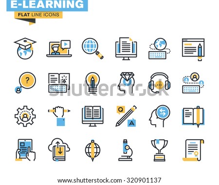 Flat line icons set of e-learning, distance education, online training and courses, cloud solutions for education, video tutorials, staff training, digital library, knowledge for all.