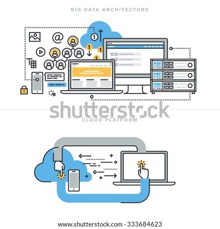 Flat line design concepts for big data architecture, big data technology, database analytics, mobile cloud computing, cloud platform and solutions, for website banner and landing page.