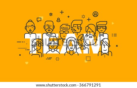 Thin line flat design banner of business people teamwork, human resources, career opportunities, team skills, management. Vector illustration concept of word team for web and mobile website banners.