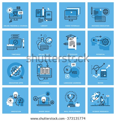Set of thin line concept icons of distance education, online training, skill development, education apps. Premium quality icons for website, mobile website and app design.