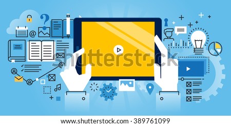 Flat line design website banner of online education, video tutorials, online training and courses. Modern vector illustration for web design, marketing and print material.