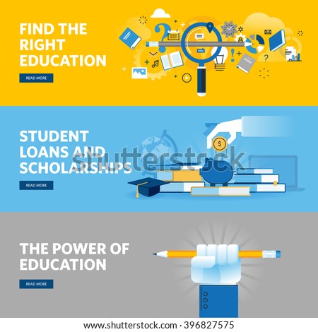 Set of flat line design web banners for education, student loans, scholarships, choice of education and profession. Vector illustration concepts for web design, marketing, and graphic design.