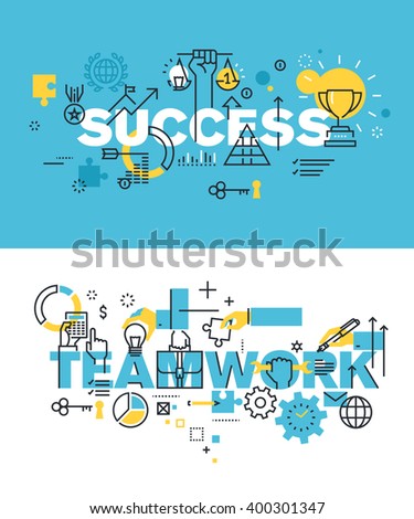 Set of modern vector illustration concepts of words success and teamwork. Thin line flat design banners for website and mobile website, easy to use and highly customizable.