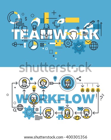 Set of modern vector illustration concepts of words teamwork and workflow. Thin line flat design banners for website and mobile website, easy to use and highly customizable.