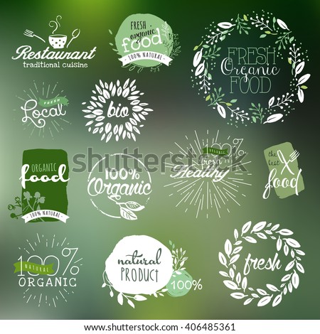 Hand drawn labels and elements collection for organic food and drink, natural products, restaurant, healthy food market and production, on the nature background. Vector illustrations.