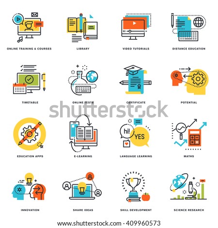 Set of flat line design icons of online education and e-learning. Vector illustration concepts for graphic and web design and development, isolated on white.