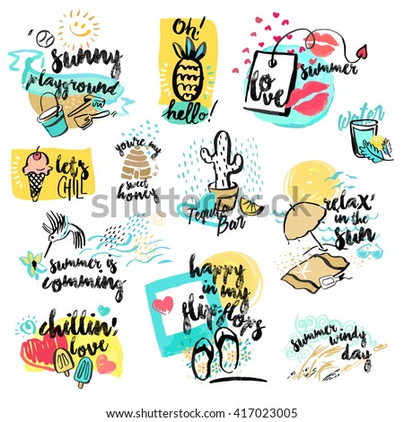 Set of hand drawn watercolor signs of summer. Vector illustrations for summer holiday, travel and vacation, restaurant and bar, menu, sea and sun, beach vacation and party.