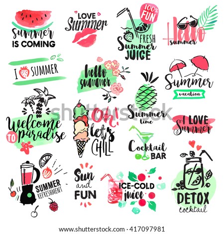 Set of hand drawn watercolor summer badges and elements. Vector illustrations for summer holiday, travel agency, restaurant and bar, menu, sea and sun, beach vacation and party.