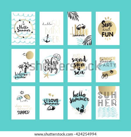Set of hand drawn summer cards and banners. Vector illustrations for graphic and web design, for summer vacation, beach party, greeting cards, enjoying the sun and sea