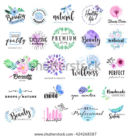 Set of hand drawn watercolor labels and badges for beauty, healthy life and wellness. Vector illustrations for graphic and web design, for cosmetics, natural products, spa, beauty center.