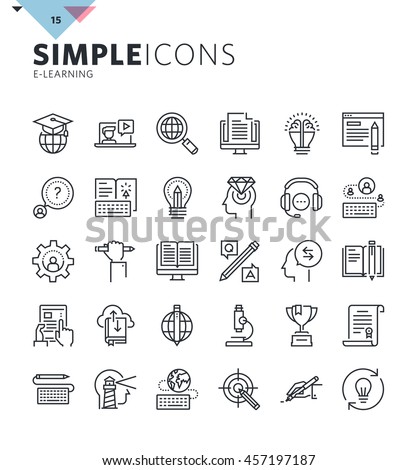 Modern thin line icons of online education and e-learning. Premium quality outline symbol collection for web and graphic design, mobile app. Mono linear pictograms, infographics and web elements pack.