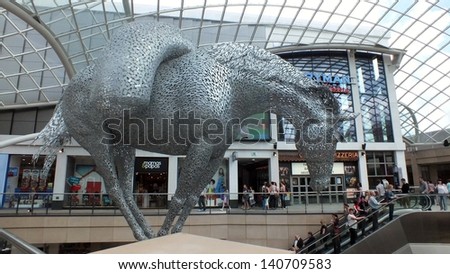 LEEDS, UK- MAY 31st 2013. Andy Scott 15m high horse sculpture named Equusdy,  at Trinity Shopping Centre,the UKs newest shopping center . Leeds, UK. May 31st 2013
