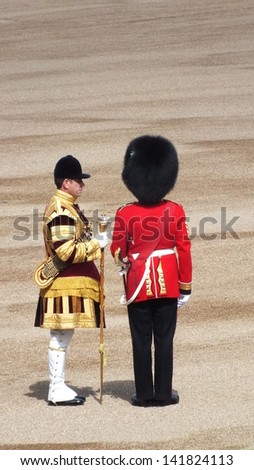 LONDON, UK- JUNE 8 2013: Major General\'s review for Trooping the Color, Horse Guard. Troops rehearse for the Queen\'s birthday parade.. London June 8 2013