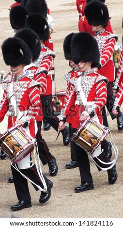 LONDON, UK- JUNE 8 2013: Major General\'s review for Trooping the Color, Horse Guard. Troops band drummers rehearse for the Queen\'s birthday parade.. London June 8 2013