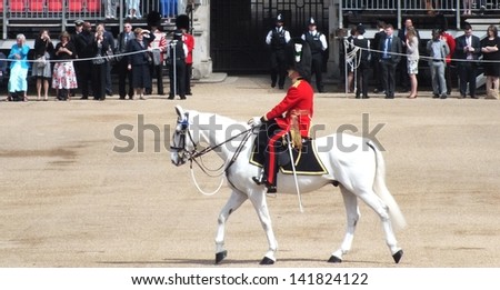 LONDON, UK- JUNE 8 2013: Major General\'s review for Trooping the Color, Horse Guard. Troops band drummers rehearse for the Queen\'s birthday parade.. London June 8 2013