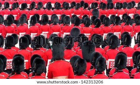 LONDON, UK- JUNE 8 2013: Major General\'s review for Trooping the Color, Horse Guard. Troops line up in the bearskins.. London June 8 2013